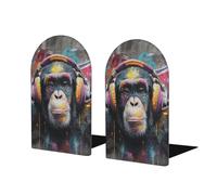Lot de 2 serre-livres en bois avec motif graffiti en forme de singe portant des écouteurs colorés pour la maison, le bureau, les bibliothèques