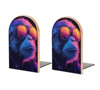 Lot de 2 serre-livres en bois avec singe Pop Art - Couleurs fluo - Robustes - Organisateur de bureau pour la maison, le bureau, les bibliothèques