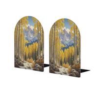 Lot de 2 serre-livres en bois pour étagères - Forêt de montagne jaune - Serre-livres en bois - Antidérapants - Pour la maison, le bureau, l'étude