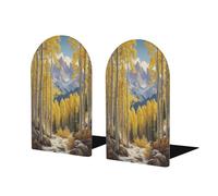 Lot de 2 serre-livres en bois pour étagères - Forêt de montagne jaune - Serre-livres en bois - Antidérapants - Pour la maison, le bureau, l'étude