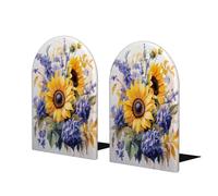 Lot de 2 serre-livres en bois pour étagères - Motif tournesol jaune et violet - Antidérapants - Pour la maison, le bureau, l'étude