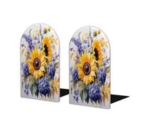 Lot de 2 serre-livres en bois pour étagères - Motif tournesol jaune et violet - Antidérapants - Pour la maison, le bureau, l'étude