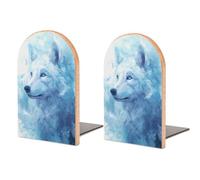 Lot de 2 serre-livres en bois robustes avec loup blanc aux yeux bleus pour la maison, le bureau, les bibliothèques