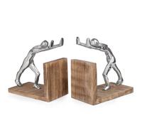Lot de 2 serre-livres modernes en aluminium et bois de manguier - 17,5 x 9,2 x 18,5 cm - Sculpture décorative argentée sur socle en bois - Décoration élégante pour salon, bureau, étagère