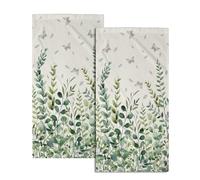 Lot de 2 serviettes de bain vert sauge, eucalyptus à l'aquarelle, feuilles, papillon, serviettes de toilette et lavettes douces et absorbantes sur le thème de la nature, plantes de salle de bain