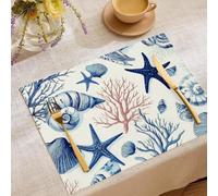 Lot de 2 Set de Table Coton et Lin Tissu Napperon Peinture À L'Encre Étoile De Mer,Lavable décoratif Table Simple Corail, 45 x 30 cm Placemats pour Salle Manger,Mariage,Usage Quotidien