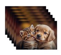 Lot de 2 Sets de Table Chats Chiens Mignons | Lavable Portraits d'animaux Mignons Dessous Assietter en Lin pour Cuisine, Salle à Manger, Fêtes, Décoration 30 x 45 cm