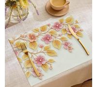 Lot de 2 Sets de Table en Coton et Lin, Classique Fleurs Cerisier Feuilles Pressées 3D Résistant à l'usure à la Chaleur Set Table Lavables antidérapant, 45 x 30 cm Napperon pour Cuisine Manger
