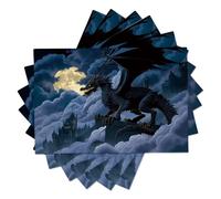 Lot de 2 Sets de Table imprimés Dragon Noir château, 45x30cm, Napperon Rectangulaire Lavable en Tissu Créatures fantastiques Bleu foncé pour Cuisine Salle à Manger intérieur extérieur fête