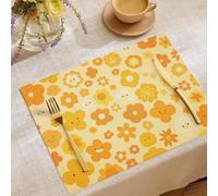 Lot De 2 Sets De Table Imprimés Fleurs Joyeuses, 45X30Cm, Napperon Rectangulaire Lavable en Tissu Affiche De Mode Rétro Orange Corail pour Cuisine Salle À Manger Intérieur Extérieur Fête