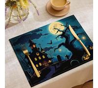 Lot de 2 Sets de Table Paysage Dessin animé, Dessous Table Antidérapants en Mélange Coton-Lin, Dessous Assiette Lavable Maison l'arbre Mort Pleine Lune pour Cuisine et Salle à Manger Décor 30x45cm