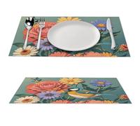 Lot de 2 sets de table résistants à la chaleur - Imprimé fleurs colorées et oiseaux - En PVC - Lavables - Pour cuisine, salle à manger, restaurant, intérieur et extérieur