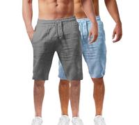 Lot de 2 shorts d'été en coton et lin pour homme - Taille élastique - Pour la randonnée, le travail - Avec poches - Léger - Longueur genou - Bermuda cargo - Pantalon de détente - Pantalon respirant de