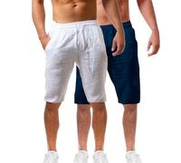 Lot de 2 shorts d'été en coton et lin pour homme - Taille élastique - Pour la randonnée, le travail - Avec poches - Léger - Longueur genou - Bermuda cargo - Pantalon de détente - Pantalon respirant de