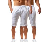 Lot de 2 shorts d'été en coton et lin pour homme - Taille élastique - Pour la randonnée, le travail - Avec poches - Léger - Longueur genou - Bermuda cargo - Pantalon de détente - Pantalon respirant de