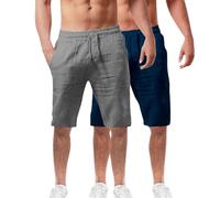 Lot de 2 shorts d'été en coton et lin pour homme - Taille élastique - Pour la randonnée, le travail - Avec poches - Léger - Longueur genou - Bermuda cargo - Pantalon de détente - Pantalon respirant de