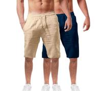 Lot de 2 shorts d'été en coton et lin pour homme - Taille élastique - Pour la randonnée, le travail - Avec poches - Léger - Longueur genou - Bermuda cargo - Pantalon de détente - Pantalon respirant de