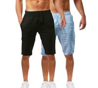 Lot de 2 shorts d'été en coton et lin pour homme - Taille élastique - Pour la randonnée, le travail - Avec poches - Léger - Longueur genou - Bermuda cargo - Pantalon de détente - Pantalon respirant de
