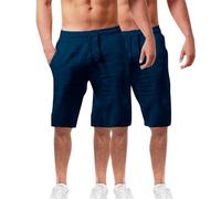 Lot de 2 shorts d'été en coton et lin pour homme - Taille élastique - Pour la randonnée, le travail - Avec poches - Léger - Longueur genou - Bermuda cargo - Pantalon de détente - Pantalon respirant de