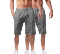 Lot de 2 shorts d'été en coton et lin pour homme - Taille élastique - Pour la randonnée, le travail - Avec poches - Léger - Longueur genou - Bermuda cargo - Pantalon de détente - Pantalon respirant de