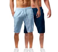 Lot de 2 shorts d'été en coton et lin pour homme - Taille élastique - Pour la randonnée, le travail - Avec poches - Léger - Longueur genou - Bermuda cargo - Pantalon de détente - Pantalon respirant de