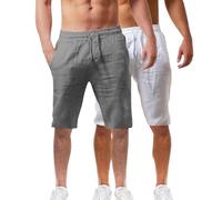 Lot de 2 shorts d'été en coton et lin pour homme - Taille élastique - Pour la randonnée, le travail - Avec poches - Léger - Longueur genou - Bermuda cargo - Pantalon de détente - Pantalon respirant de