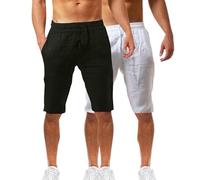 Lot de 2 shorts d'été en coton et lin pour homme - Taille élastique - Pour la randonnée, le travail - Avec poches - Léger - Longueur genou - Bermuda cargo - Pantalon de détente - Pantalon respirant de