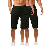 Lot de 2 shorts d'été en coton et lin pour homme - Taille élastique - Pour la randonnée, le travail - Avec poches - Léger - Longueur genou - Bermuda cargo - Pantalon de détente - Pantalon respirant de