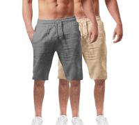 Lot de 2 shorts d'été en coton et lin pour homme - Taille élastique - Pour la randonnée, le travail - Avec poches - Léger - Longueur genou - Bermuda cargo - Pantalon de détente - Pantalon respirant de