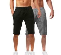 Lot de 2 shorts d'été en coton et lin pour homme - Taille élastique - Pour la randonnée, le travail - Avec poches - Léger - Longueur genou - Bermuda cargo - Pantalon de détente - Pantalon respirant de
