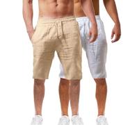 Lot de 2 shorts d'été en coton et lin pour homme - Taille élastique - Pour la randonnée, le travail - Avec poches - Léger - Longueur genou - Bermuda cargo - Pantalon de détente - Pantalon respirant de