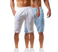 Lot de 2 shorts d'été en coton et lin pour homme - Taille élastique - Pour la randonnée, le travail - Avec poches - Léger - Longueur genou - Bermuda cargo - Pantalon de détente - Pantalon respirant de