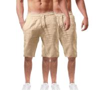 Lot de 2 shorts d'été en coton et lin pour homme - Taille élastique - Pour la randonnée, le travail - Avec poches - Léger - Longueur genou - Bermuda cargo - Pantalon de détente - Pantalon respirant de