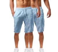 Lot de 2 shorts d'été en coton et lin pour homme - Taille élastique - Pour la randonnée, le travail - Avec poches - Léger - Longueur genou - Bermuda cargo - Pantalon de détente - Pantalon respirant de