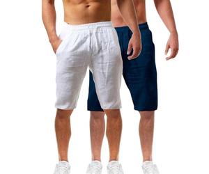 Lot de 2 shorts d'été en coton et lin pour homme - Taille élastique - Pour la randonnée, le travail - Avec poches - Léger - Longueur genou - Bermuda cargo - Pantalon de détente - Pantalon respirant de