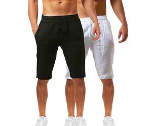 Lot de 2 shorts d'été en coton et lin pour homme - Taille élastique - Pour la randonnée, le travail - Avec poches - Léger - Longueur genou - Bermuda cargo - Pantalon de détente - Pantalon respirant de