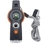 Lot de 2 sifflets de survie d'urgence avec boussole, thermomètre, lumière LED, miroir réfléchissant, sifflet de sécurité extérieur 7 en 1 pour kayak et sauvetage