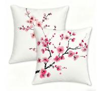 Lot de 2 Simple Housses de Coussin Extérieur Imperméable 45 x 45 cm Fleurs de pêcher Housse Coussin en Lin, Taie d'oreiller avec Fermeture Éclair Dissimulée Decoration pour Canape Jardin Salon 0n-430