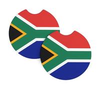 Lot de 2 sous-verres de voiture avec motif drapeau de l'Afrique du Sud - 6,9 cm - Avec encoche de doigt - Pour homme et femme
