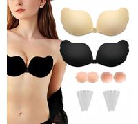 Lot de 2 soutiens-gorge adhésifs push-up sans bretelles (beige/noir) - Soutien-gorge invisible auto-adhésif avec 4 coussinets de tétons & 10 bandes de corps pour toutes les tailles de poitrine, idéal