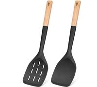 Lot de 2 spatules de cuisine en silicone, spatule solide résistante à la chaleur, spatules fendues antiadhésives avec poignée courte en bois, ensemble d'ustensiles de cuisine en bois idéal pour frire,