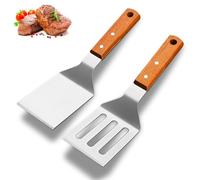 Lot de 2 spatules en acier inoxydable pour barbecue - Spatules de cuisine lisses et perforées avec poignées en bois pour teppanyaki, hamburgers, steak, pizza, pâtisserie