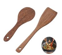 Lot de 2 spatules en bois d'ébène, cuillère de cuisine ovale, pelle à oblique, cuillère ronde, coupelle de cuisson en bois, spatule pour wok avec revêtement anti-adhésif (8,66 cm)