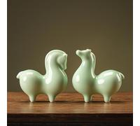 Lot de 2 statues de cheval vert en céramique - Figurines Feng Shui du zodiaque chinois pour le succès et la richesse, décoration idéale pour la maison et le bureau, cadeaux de prospérité
