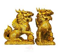 Lot de 2 statues Feng Shui Kylin - Figurines de richesse et de prospérité en laiton doré avec breloques anciennes porte-bonheur sur ficelle rouge pour décoration de la maison et bonne chance