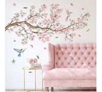 Lot de 2 Stickers Muraux Fleurs de pêche Rose Autocollant Floral Branche Arbre Oiseaux Décoration Murale Chambre Enfants Salon Mur