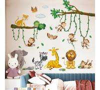 Lot de 2 stickers muraux - Motif animaux de la jungle, arbre, vignes, éléphant, girafe, lion, singe, zèbre, chouette - Décoration murale pour chambre de bébé, chambre à coucher