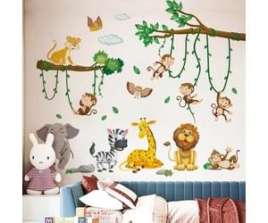 Lot de 2 stickers muraux - Motif animaux de la jungle, arbre, vignes, éléphant, girafe, lion, singe, zèbre, chouette - Décoration murale pour chambre de bébé, chambre à coucher