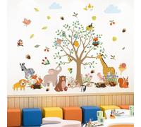 Lot de 2 stickers muraux - Motif animaux de la jungle - Éléphant - Girafe, lion, singe, zèbre, chouette - Pour chambre de bébé, chambre à coucher - Décoration murale (cabane forestière)