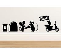 Lot de 2 stickers muraux souris avec pizza et scooter - En vinyle pour prise ou plinthe - 18 x 8 cm - Noir ou blanc - Fabriqué en Allemagne (noir)